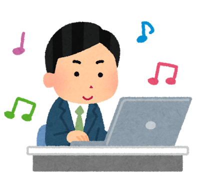 音楽を聴きながら仕事をする人のイラスト（男性）