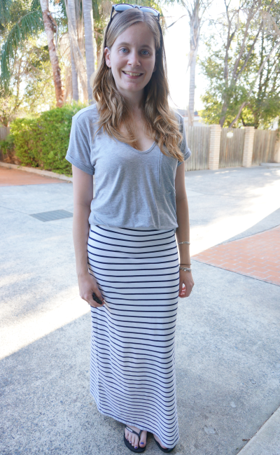 Atmos&Here grey tee striped maxi skirt casual outfit SAHM