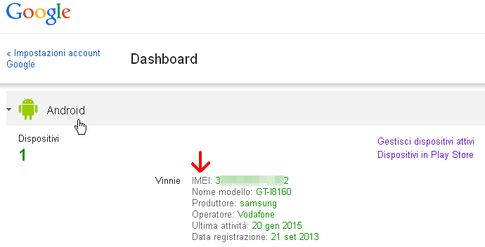 Codice IMEI cellulare Android nell'account Google