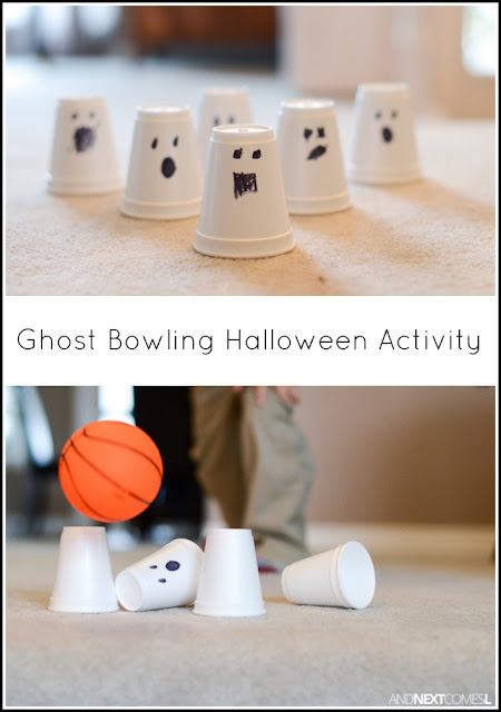 Ghost bowling Halloween activity for kids from And Next Comes L