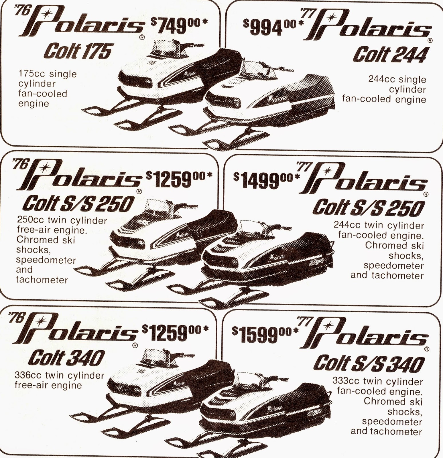CLASSIC SNOWMOBILES OF THE PAST 1976/77 POLARIS COLTS AND THE PRICES