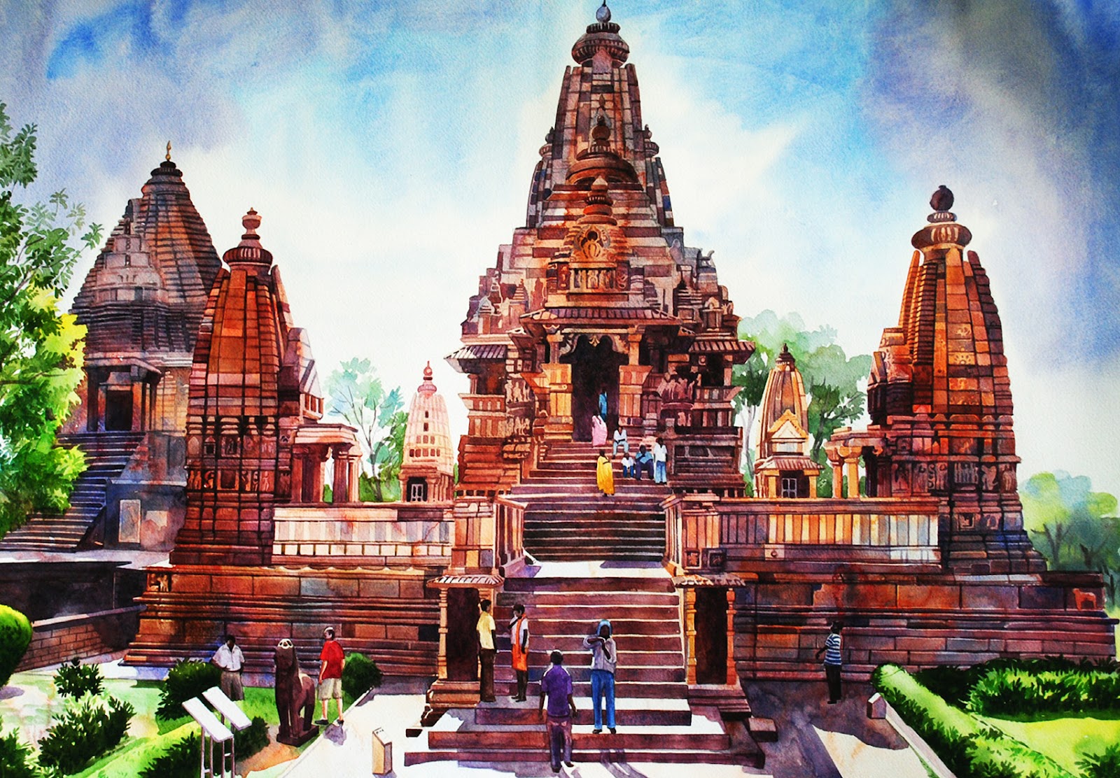 Artist Ragu Khajuraho Temple Watercolor Painting