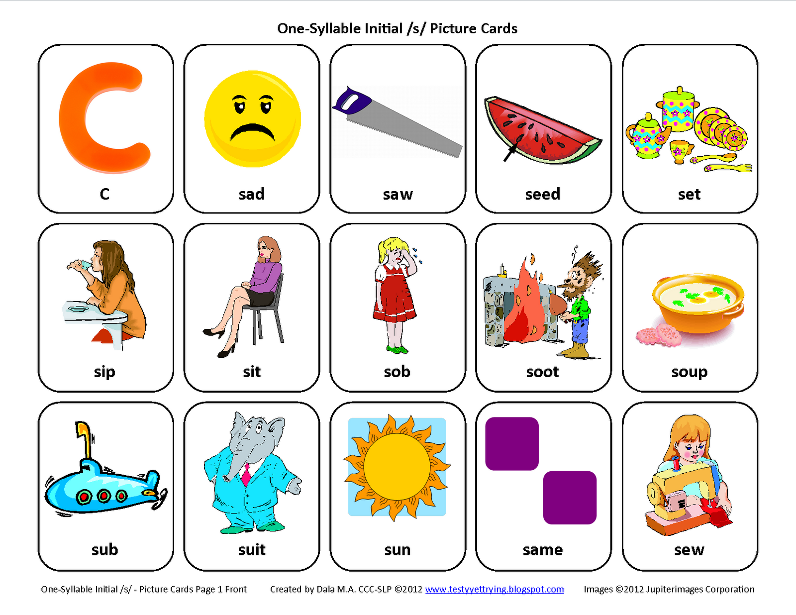 Testy yet trying Initial S Free Speech Therapy Articulation Picture Cards