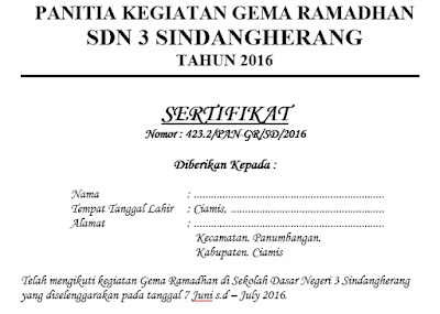 Download Sertifikat Pesantren Kilat Ramadhan 2016