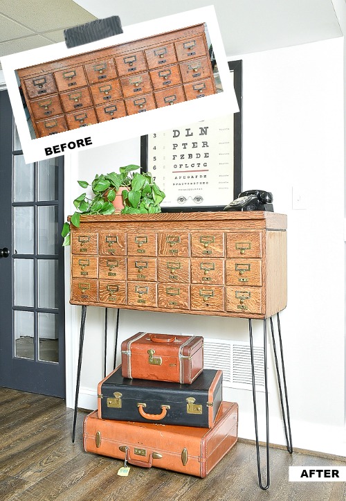 Before and after of a vintage 18 drawer card catalog