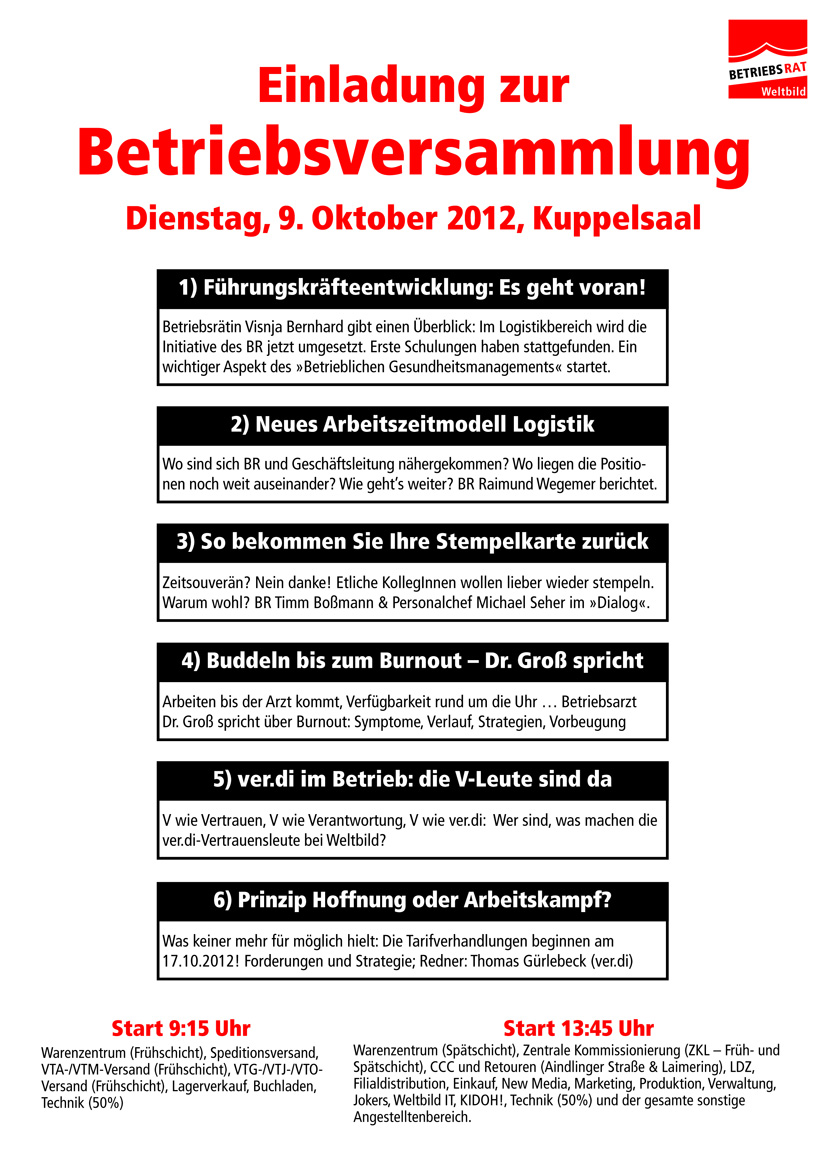 Weltbild Verdi Infoblog: Heute Betriebsversammlung