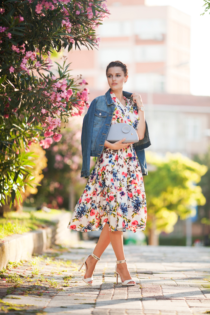floral dress denim jacket