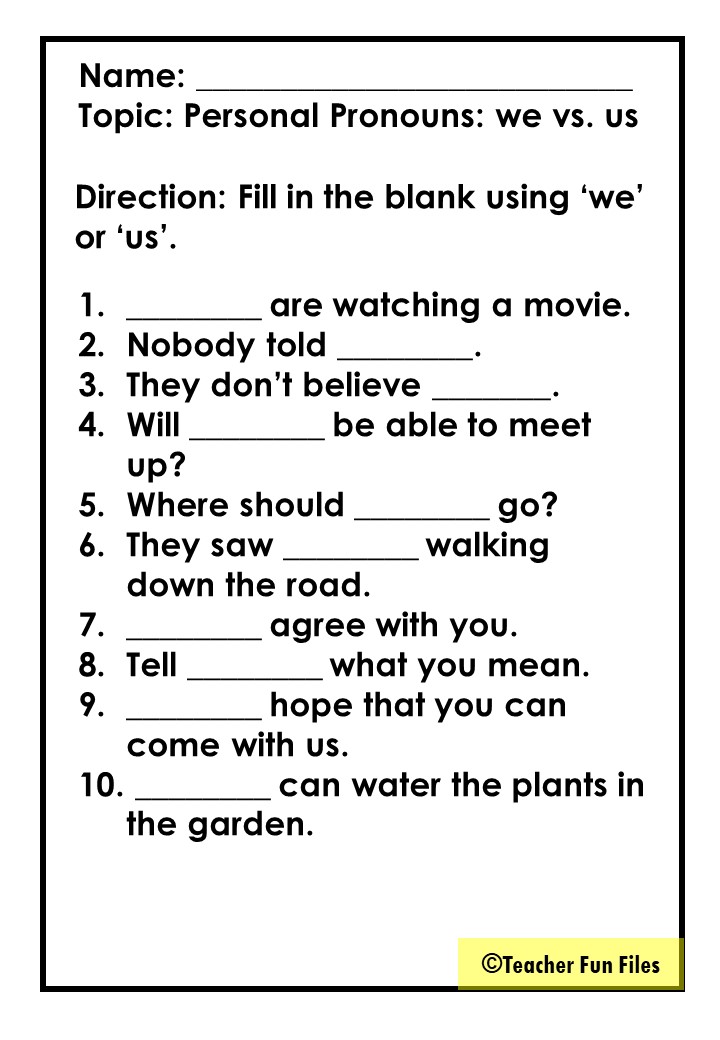 Personal Pronoun Worksheets
