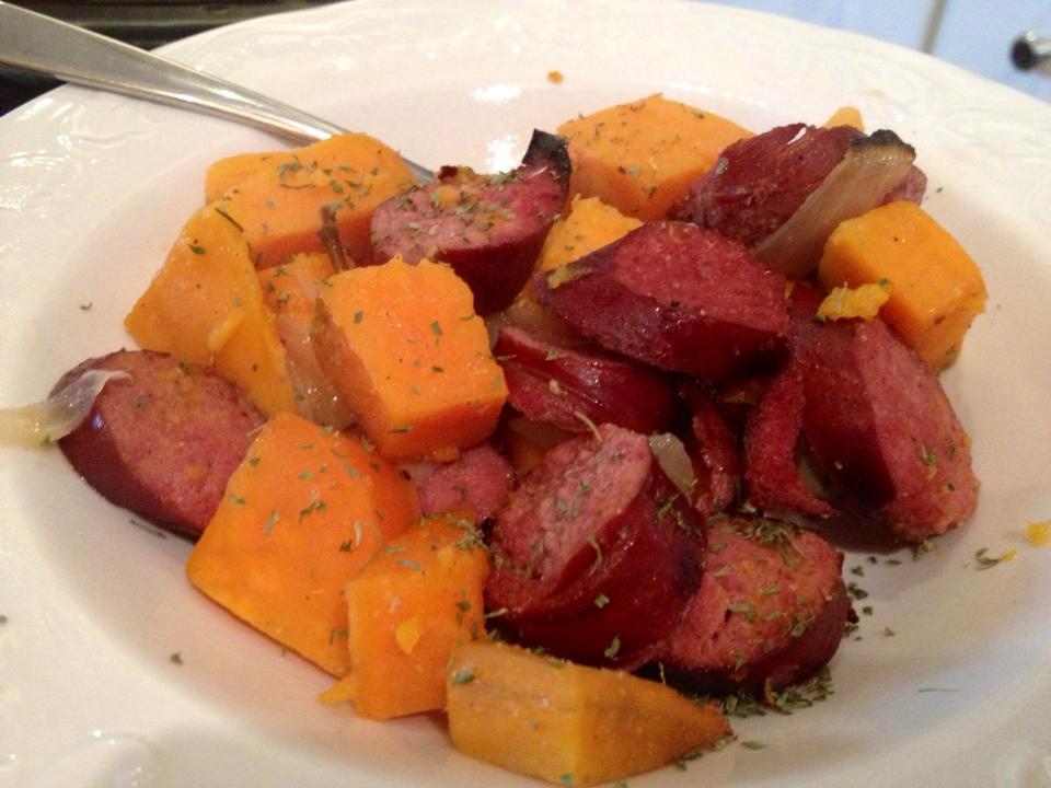 Globbed in Ganache Roasted Turkey Kielbasa With Sweet Potatoes