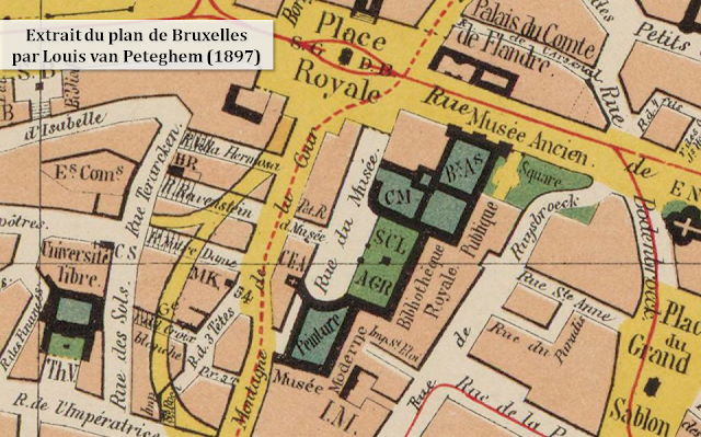 Mont des Arts - Quartier Saint-Roch voué à disparaître - Première implantation de la rue courbe du Coudenberg  - Extrait du plan de Bruxelles réalisé par Louis van Peteghem en 1897 - Bruxelles-Bruxellons