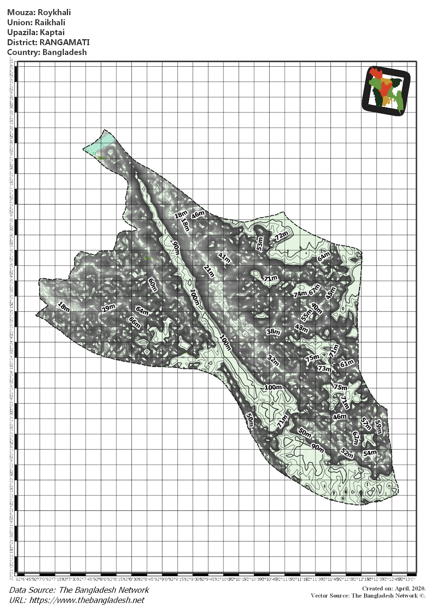Map of Roykhali Mouza of Kaptai Upazila, RANGAMATI, Bangladesh.