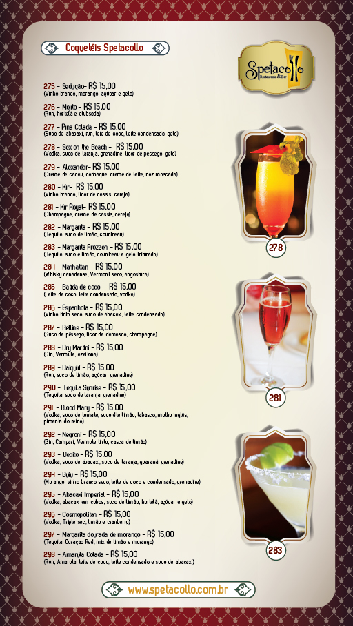 Jean R: Cardápios Bebidas e PF - Restaurante Spetacollo