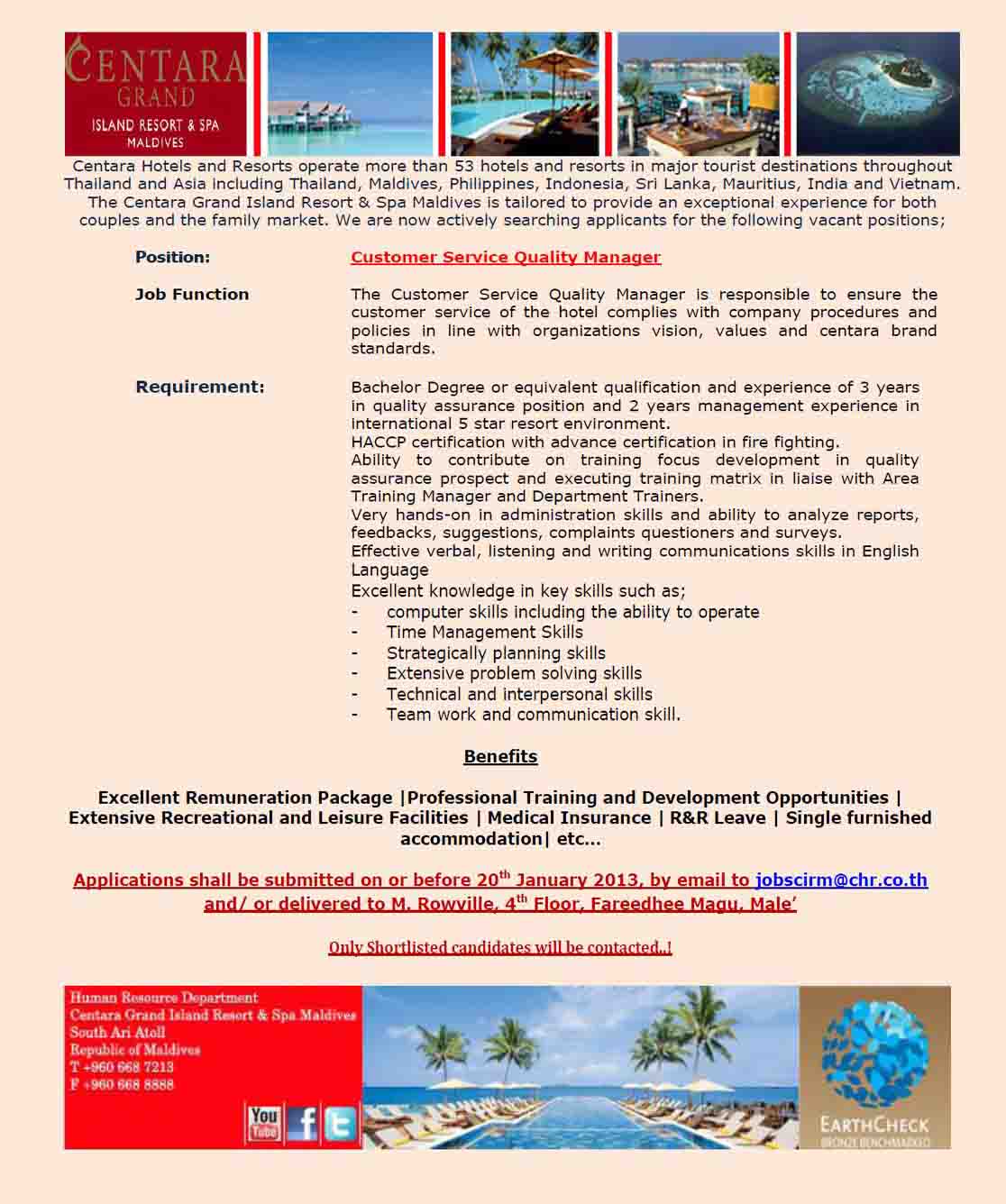 Job Maldives Fresh Jobs in Maldives Customer Service Quality Manager