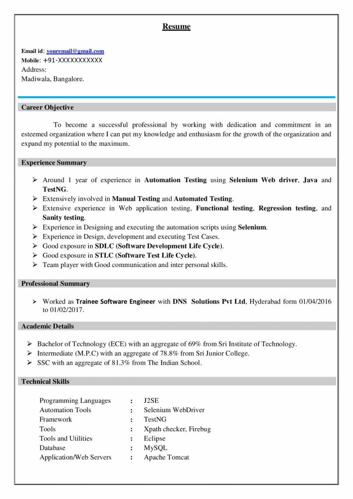 resume format for manual testing fresher