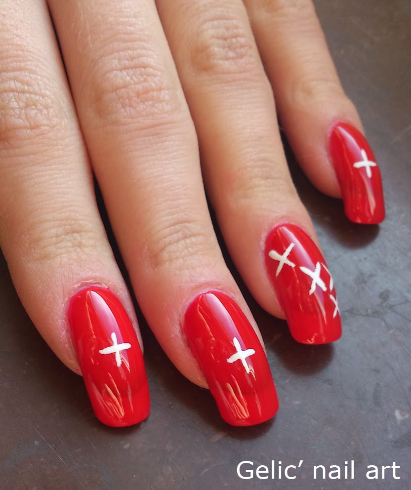 Gelic' nail art 31DC2013 Day 28; Swiss flag cross stitch nail art
