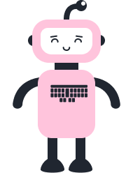 smiling pink robot with a steno machine on its belly