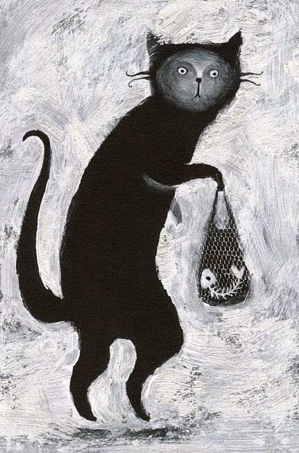 black and white illustration of a cat and a fishbone by Elena Lishanskaya