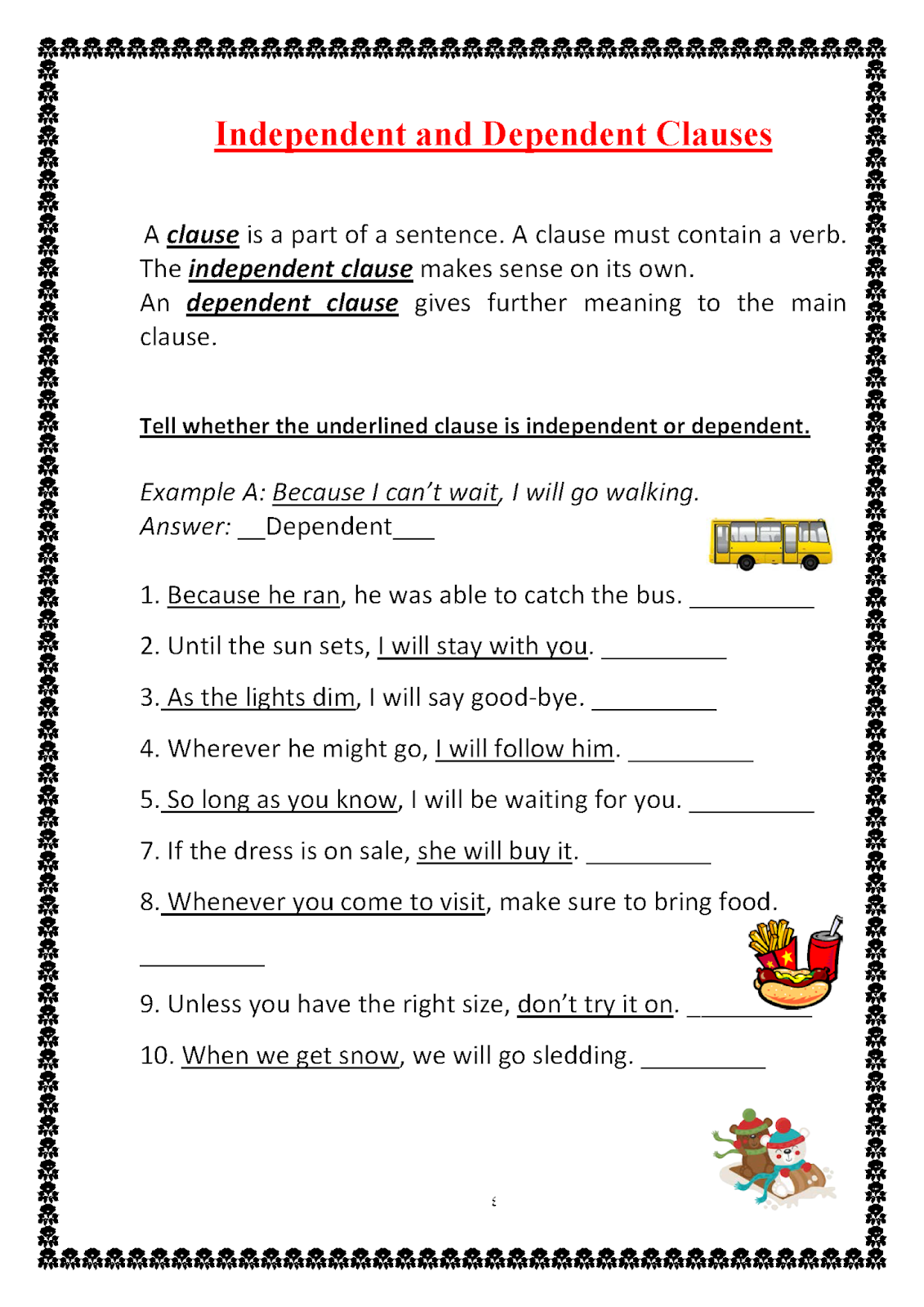 Independent and Dependent (subordinate) Clauses Worksheet