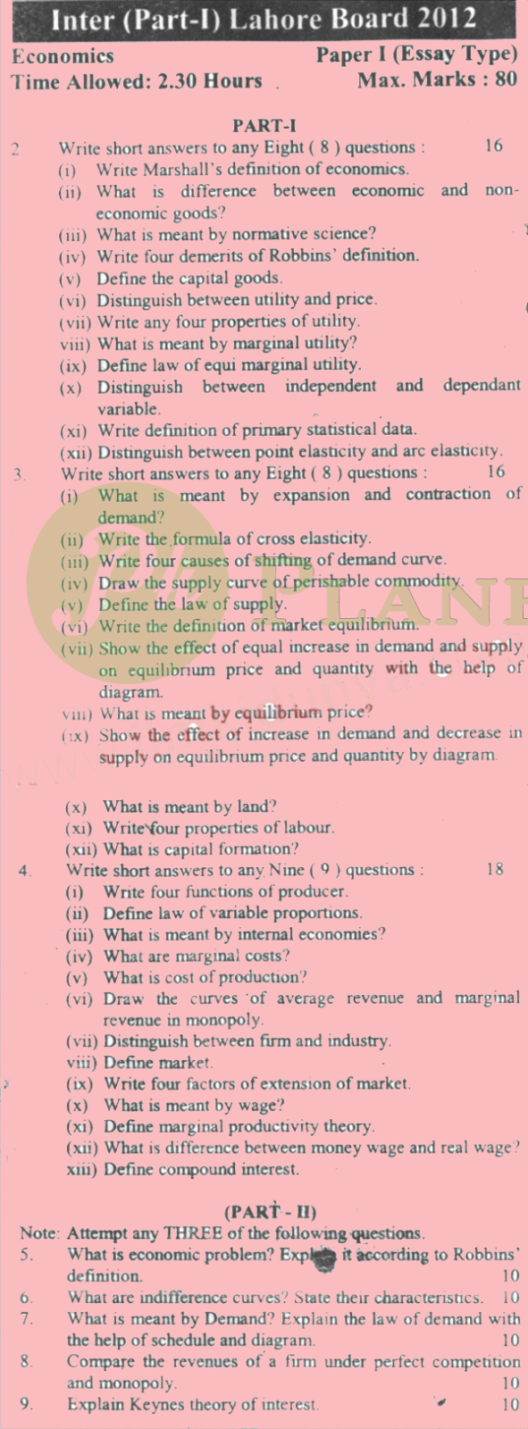 Past Papers of Economics Inter Part 1 Lahore Board 2012 in English