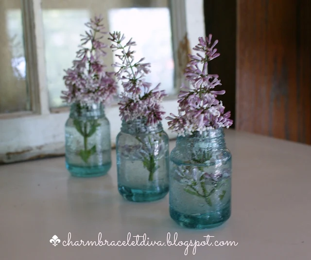 lilacs displayed in mini glass vases