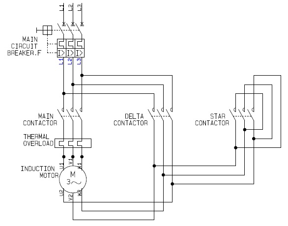 Power Circuit of a Star Delta or Wye Delta Electric Motor Controller