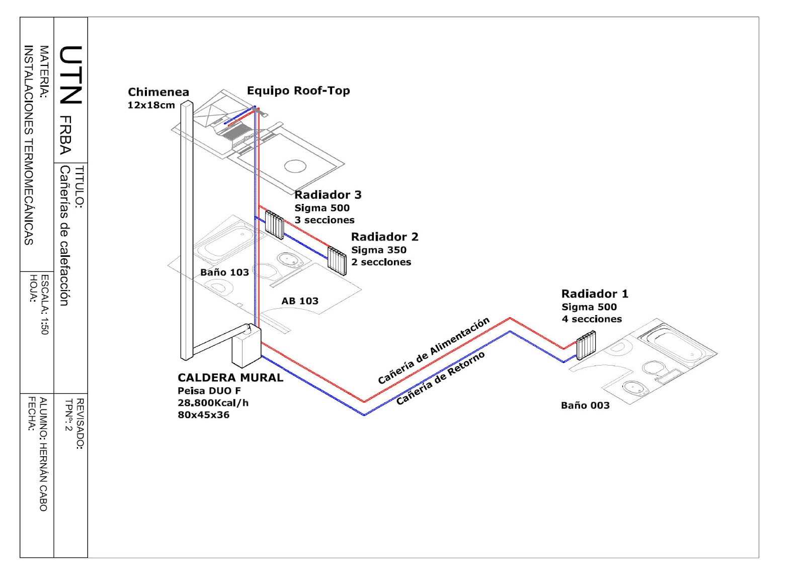 Detalles constructivos CAD: Esquema de distribución de cañerías para