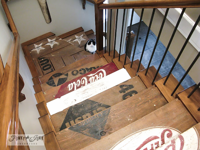 Painted wooden crate stairs stenciled in vintage soda logo designs