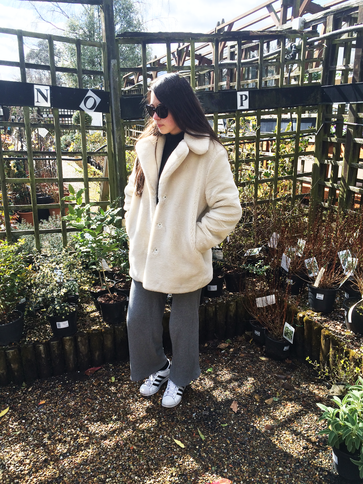fashion blogger, street style, outfit post, faux fur coat, topshop adidas superstars