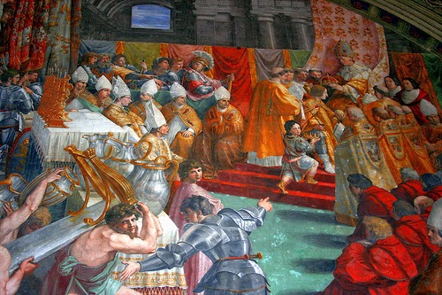 Pintura de la Coronación de Carlomagno de Rafael Sanzio que se encuentra en el Vaticano.