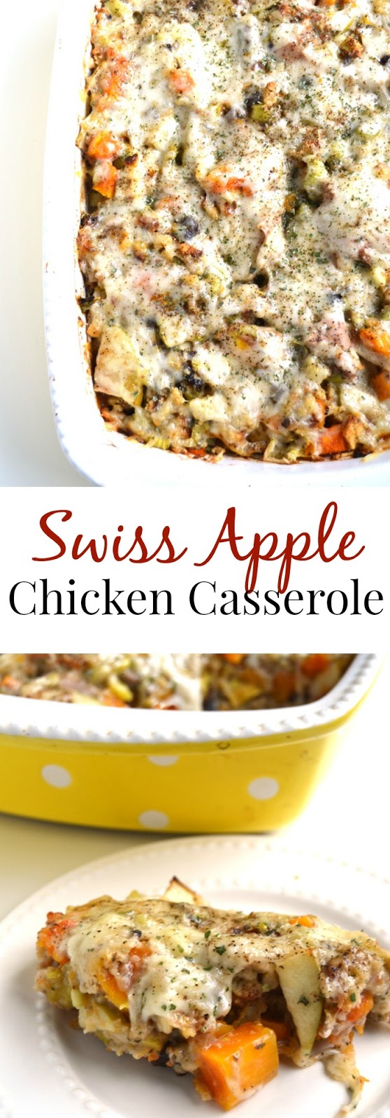 Swiss Apple Chicken Casserole is simple to make and loaded with creamy Swiss cheese, fresh apples, butternut squash and celery for a hearty and delicious family meal! www.nutritionistreviews.com