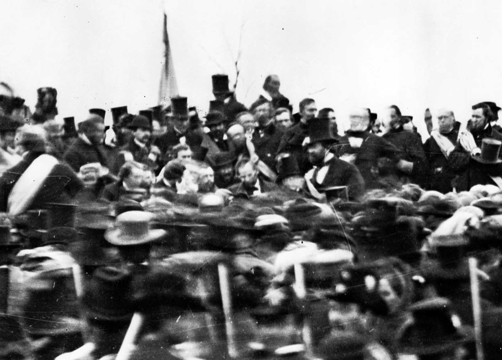 President Abraham Lincoln (center, hatless), surrounded by a crowd during his famous Gettysburg Address, in Gettysburg, Pennsylvania, on November 19, 1863.