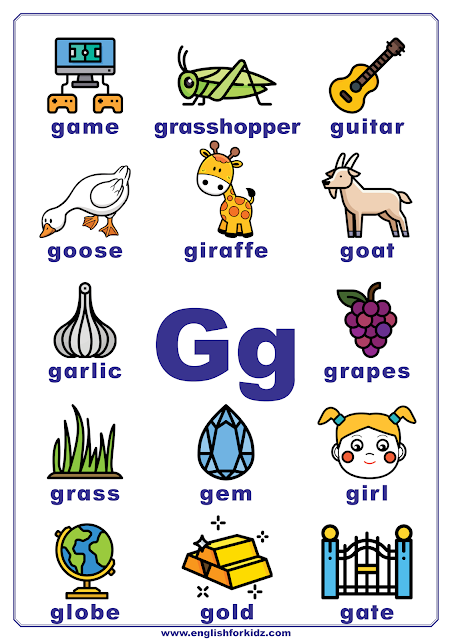 Printable alphabet poster - letter G with pictures - classroom wall decoration