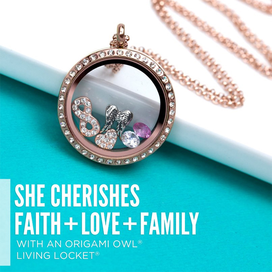 She Cherishes Faith + Love + Family Origami Owl Living Locket from StoriedCharms.com