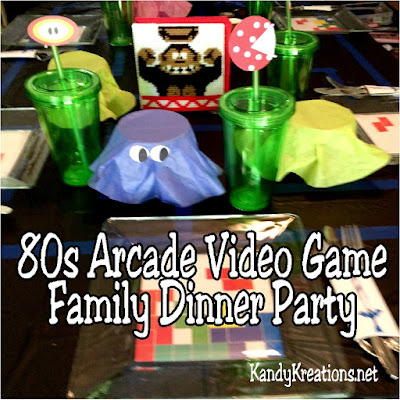 Create a fun family memory with a dinner party just for your family staring your favorite Arcade video games from the 1980s. Pac Man, Donkey Kong, Super Mario, Legend of Zelda, Tetris, and Frogger all make an appearance at this dinner table setting with fun printables and easy DIYs. 