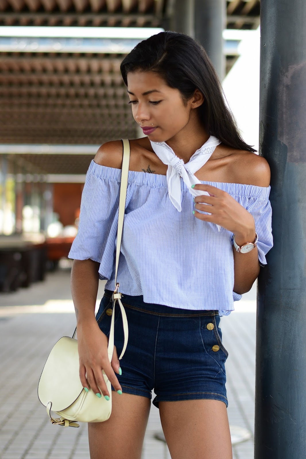 off shoulder striped top and high waisted shorts outfit inspiration