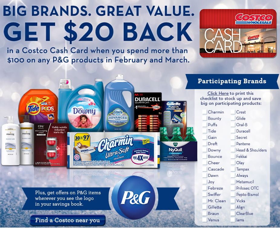 Free 20 Costco Card Rebate With 100 P G Products Purchase At Costco 