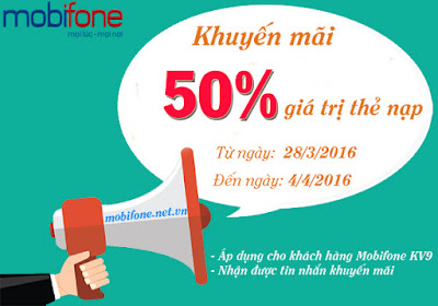 Tặng 50% thẻ nạp Mobifone từ ngày 28/3 đến ngày 4/4/2016