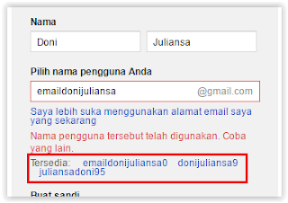 nama pengguna gmail sudah ada yang menggunakan pesan error saat mengisi nama pengguna gmail pendaftaran