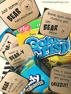 College care package with a bear theme and printable tags @michellepaigeblogs.com