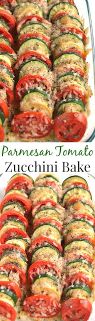 Parmesan Tomato Zucchini Bake is a simple recipe with layered fresh tomatoes, zucchini and summer squash topped with garlic, onions and parmesan cheese! www.nutritionistreviews.com #zucchini #tomato #tomatoes #summer #sidedish #vegetable #vegetables #cleaneating #healthy #parmesan