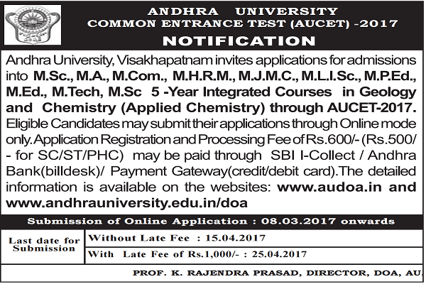 AUCET 2017| Andhra University PG Entrance Test 2017 Notification AUCET 2017,AU PGCET, Andhra University PG Entrance Test 2017