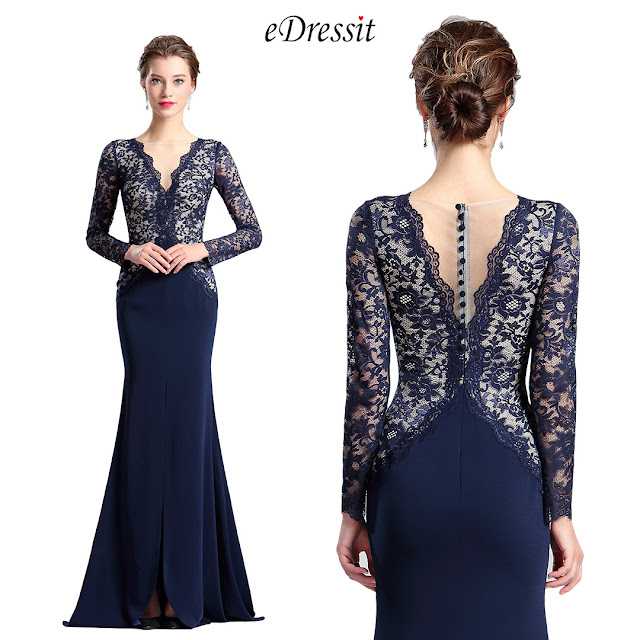 Blue V-cut Neckline Lace slit Prom Evening Dress