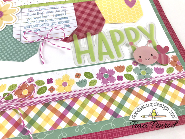 Happy Spring Scrapbook Layout with flowers, bugs, & twine