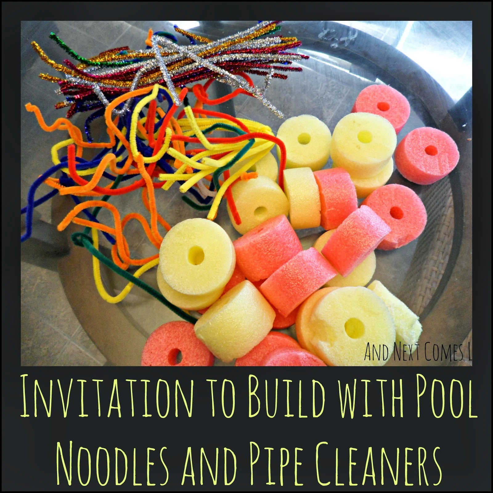 Simple engineering STEM challenge, busy bag, and fine motor activity for kids using pool noodles and pipe cleaners using pool noodles and pipe cleaners from And Next Comes L