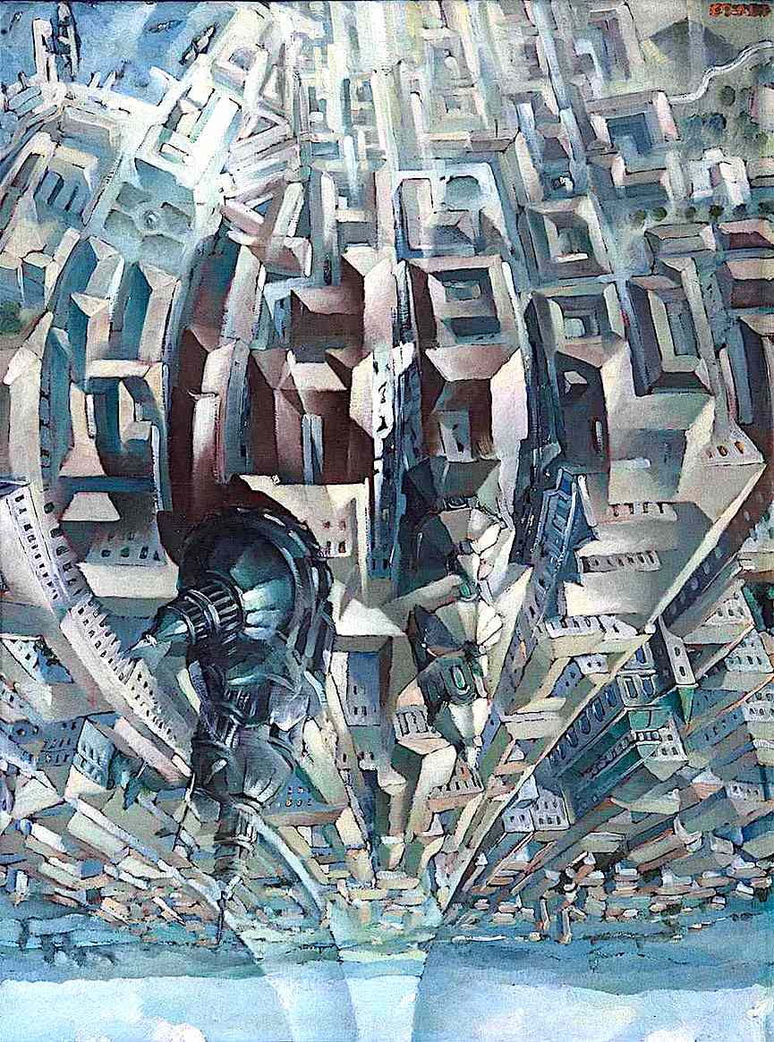 Tullio Crali a Tullio Crali painting of a birdseye view of an urban landscape