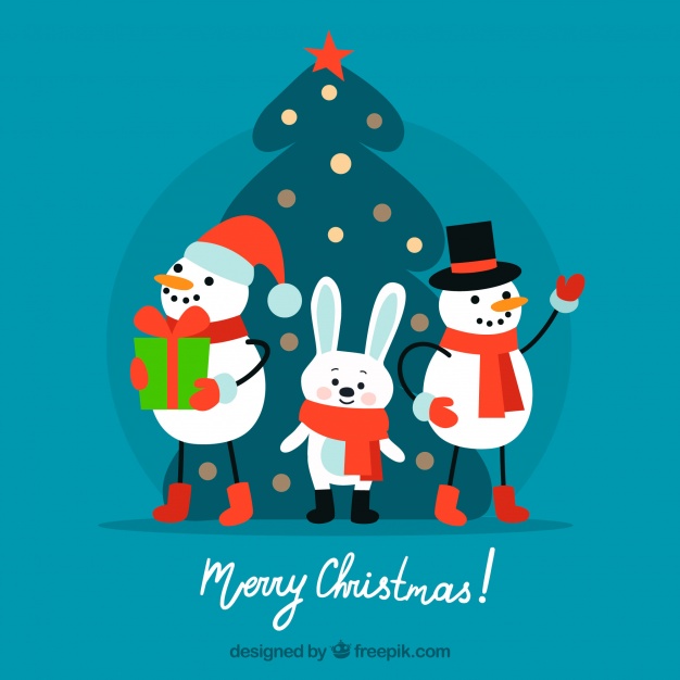 Merry christmas with snowman and rabbit Free Vector