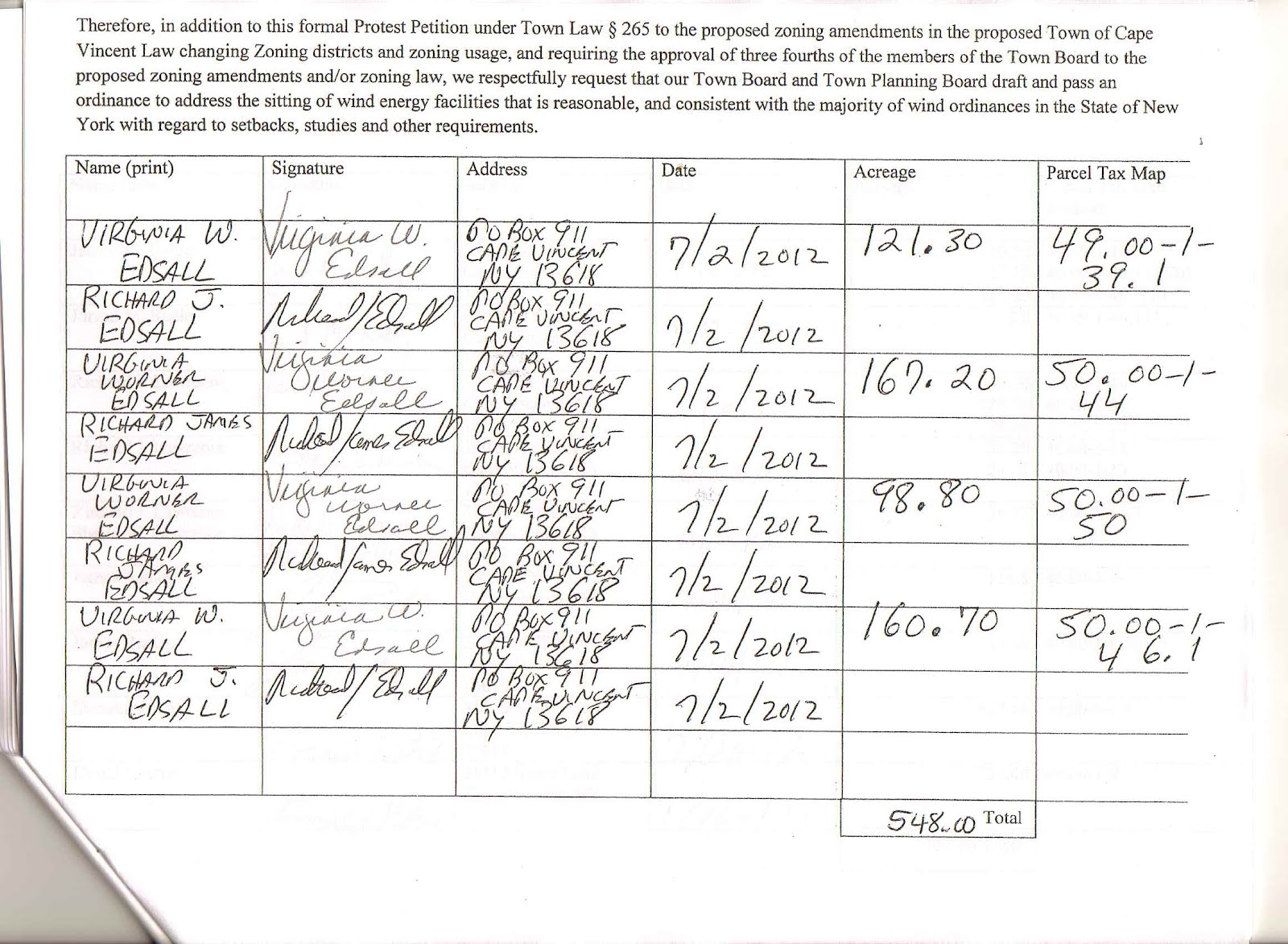 Cape Vincent Wind Farm A protest petition signed by Land owners that