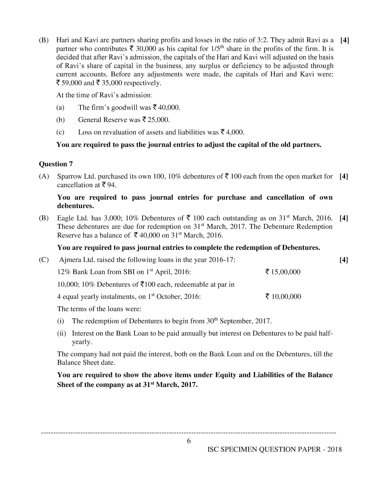 isc 2017-2018 class 12th Accountancy question paper isc 2018 class 12th Accountancy question paper