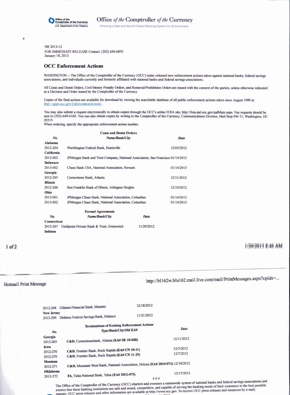 The Lisbon Reporter OCC News Release OCC Enforcement Actions‏