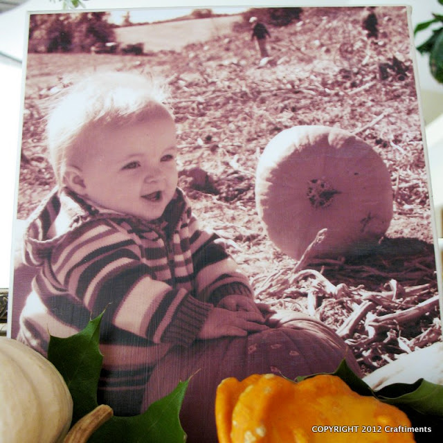 First pumpkin patch visit photo decoupaged to canvas